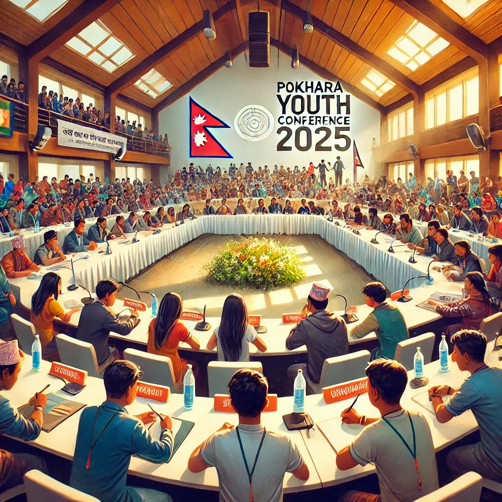 DALL·E 2025-03-05 22.29.16 - A vibrant youth meeting in Pokhara, Nepal, set in a modern conference hall with young participants engaged in discussions. The room is filled with Nep